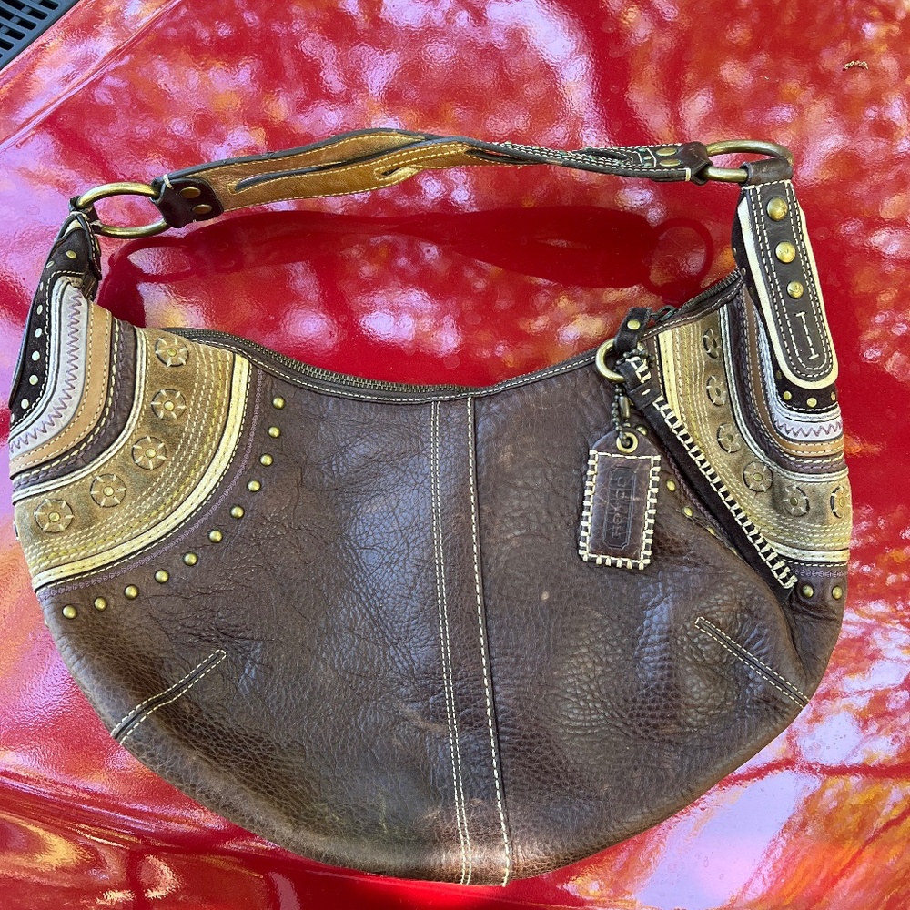 VINTAGE Coach SoHo Brass Stud Brown/Multi Leather & Suede Hobo Bag